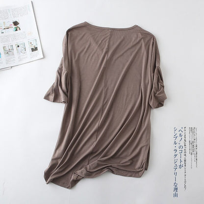 Women's Bat Sleeve T-shirt Korean Japan Style V-neck Solid Color Middle Sleeve Top Casual Summer Tee Large Size