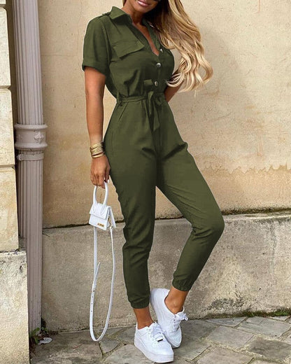 Women Casual Solid Color Jumpsuit 2020 Summer Deep V Neck Button Shirt Overalls Short Sleeve Office Lady One Piece Romper Belt