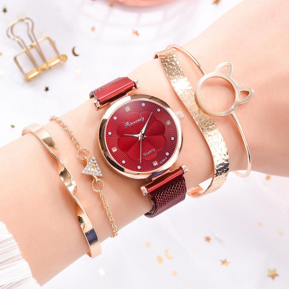 Elegant Lady Watches Bralcet Gift Wristwatch for Women 5 PCS Set Casual Fashion Rose Gold Female Wristwatch Gift
