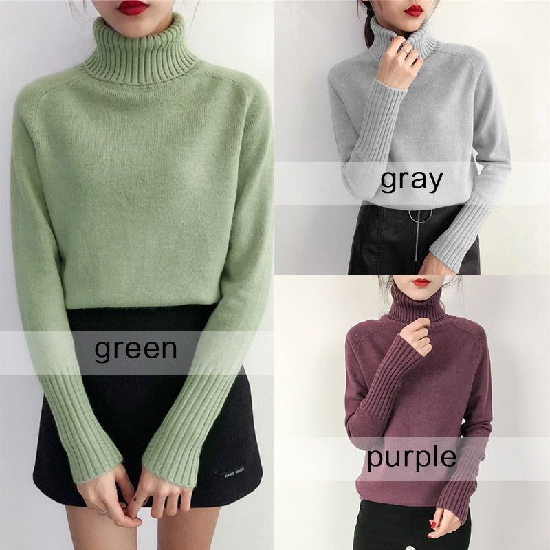 SURMIITRO Cashmere Knitted Sweater Women 2020 Autumn Winter Korean Turtleneck Long Sleeve Pullover Female Jumper Green Knitwear