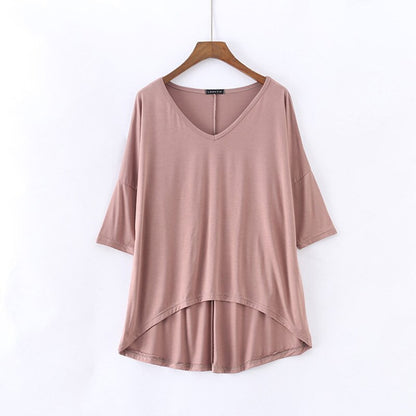 Women's Bat Sleeve T-shirt Korean Japan Style V-neck Solid Color Middle Sleeve Top Casual Summer Tee Large Size