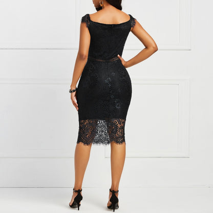 Women Solid Color V Mouth Word Collar Off-Shoulder Dress