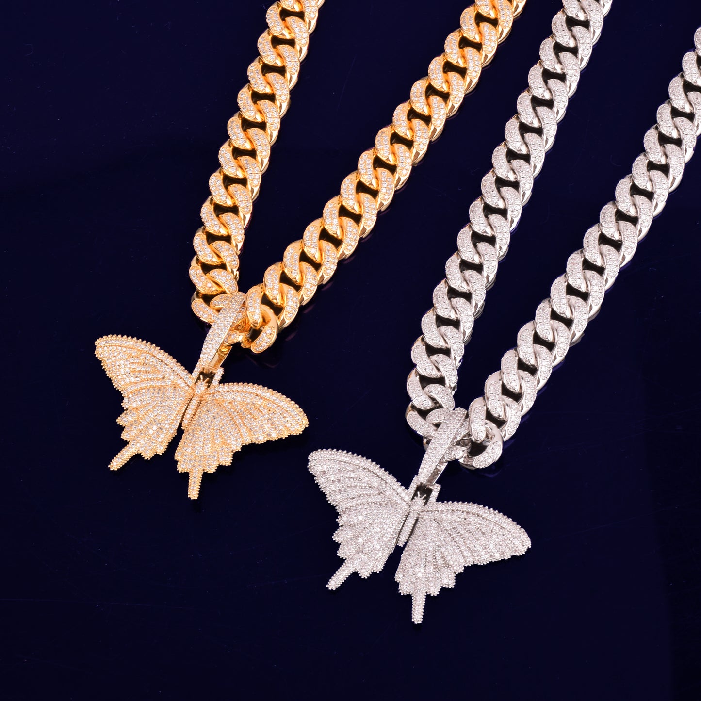 With 14MM Cuban Chain Gold Color Animal butterfly Pendant Necklace Bling AAA Zircon Men's Hip Hop Jewelry For Gift