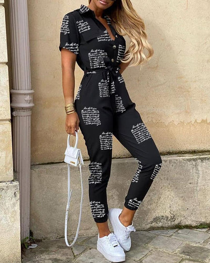 Women Casual Solid Color Jumpsuit 2020 Summer Deep V Neck Button Shirt Overalls Short Sleeve Office Lady One Piece Romper Belt