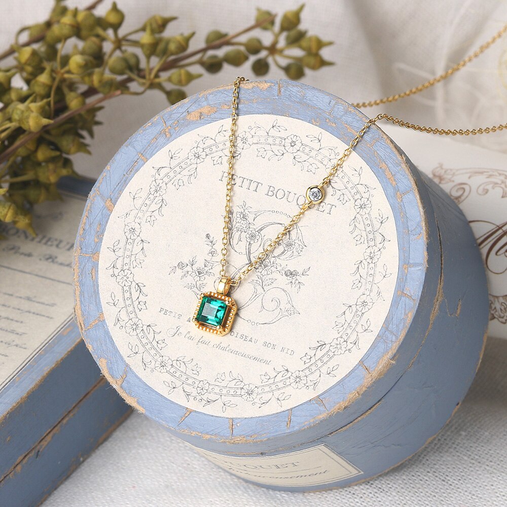 LAMOON 925 Sterling Silver Synthetic Emerald Necklace For Women Retro Princess Cut Stone 14K Gold Plated Fine Jewelry LMNI097