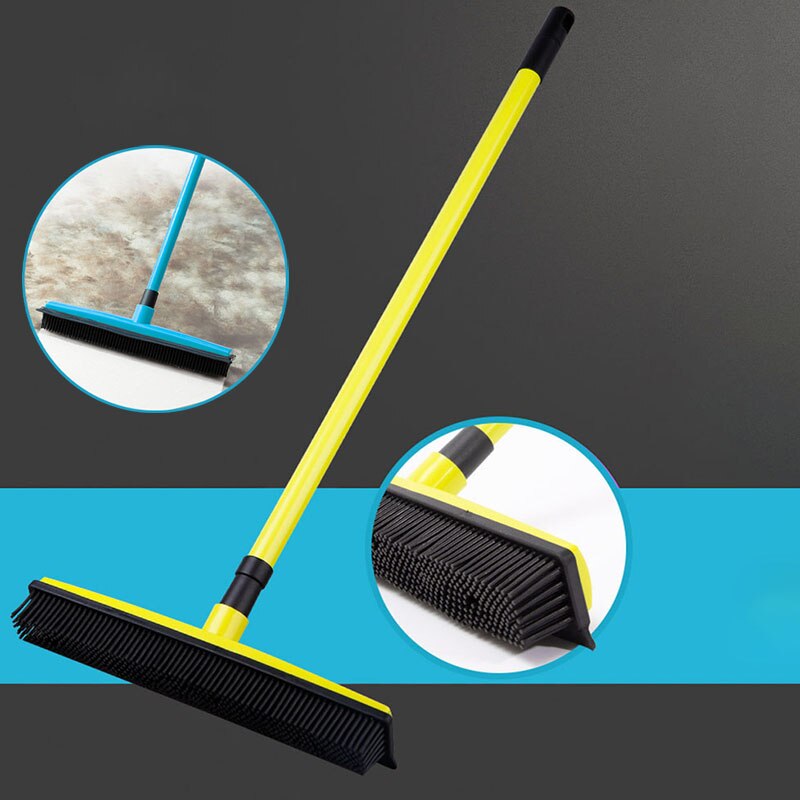 Long Push Rubber Broom Bristles Sweeper Squeegee Scratch Free Bristle Broom for Pet Cat Dog Hair Carpet Hardwood Windows Clean