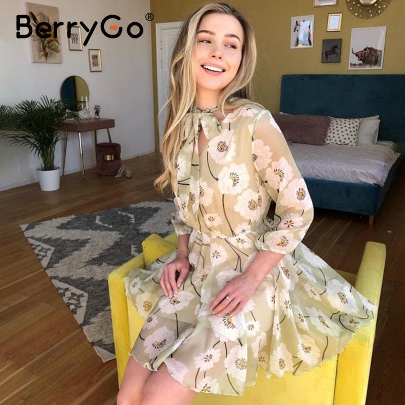 BerryGo Vintage floral print boho dress women Casual long sleeve spring party dress High waist work wear office ladies dress