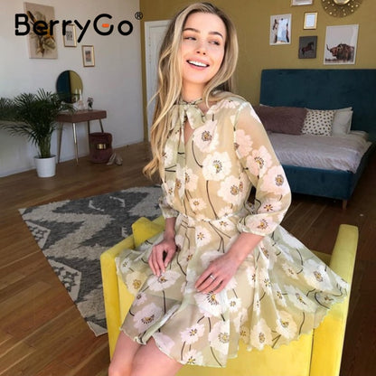 BerryGo Vintage floral print boho dress women Casual long sleeve spring party dress High waist work wear office ladies dress
