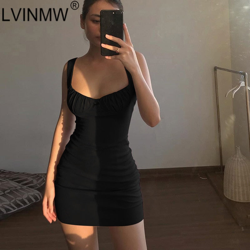 LVINMW Sexy Skinny Bralette With Bow Low Cut Slim Dress 2020 Women Summer Fashion Sleeveless Backless Dress Female Party Club