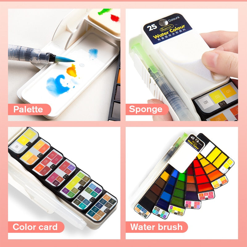Superior Solid Watercolor Paint With 6Pcs Water Brush Pen Foldable Travel Water Color Pigment