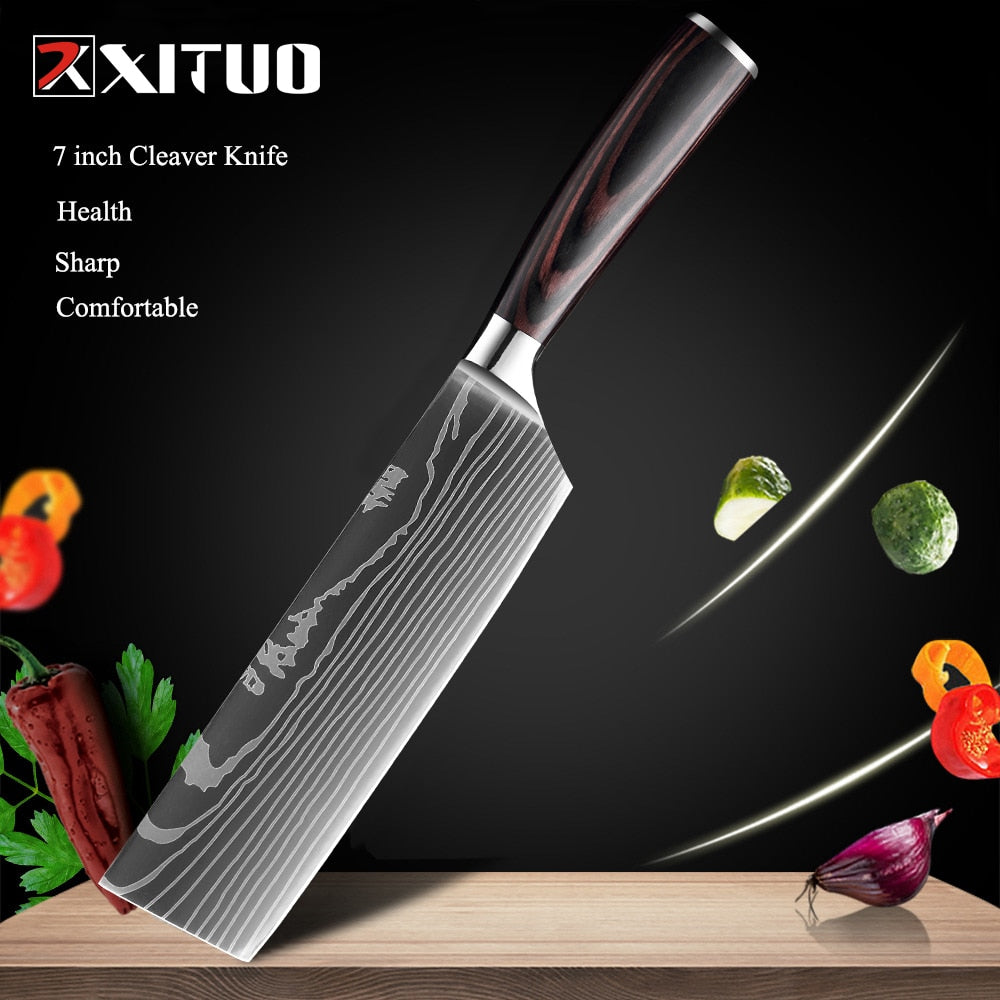 XITUO 8"inch japanese kitchen knives Laser Damascus pattern chef knife Sharp Santoku Cleaver Slicing Utility Knives tool EDC New