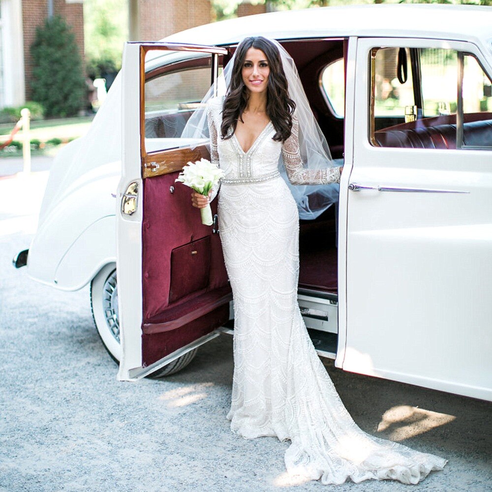 White Bridal Gown Deep V-Neck Custom Lace Mermaid Wedding Dresses 2020 Long Sleeve bride dress платье свадебное vestido de noiva
