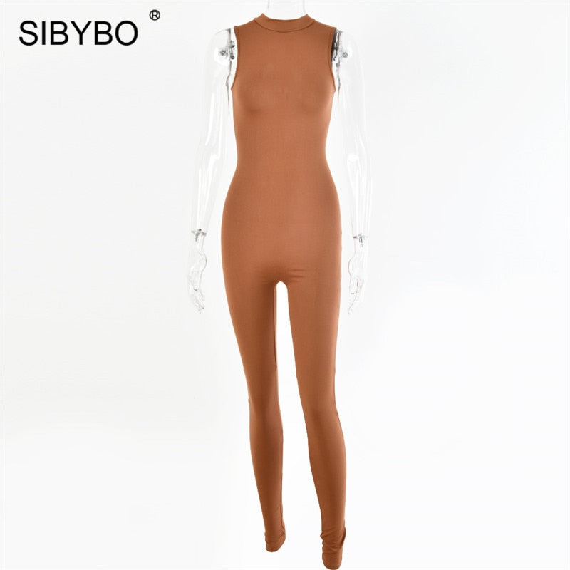 Sibybo Sleeveless Skinny Summer Rompers Womens Jumpsuit O-Neck Invisible Zipper Sexy Jumpsuit Women Solid Sport Casual Overalls