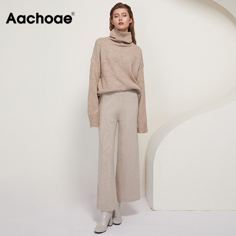 Aachoae Autumn Winter Women Knitted Turtleneck Cashmere Sweater 2020 Casual Basic Pullover Jumper Batwing Long Sleeve Loose Tops