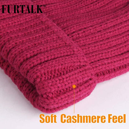 Furtalk Real Fur pompom Beanie Hat Women Winter Knitted Hat Warm Real Big Raccoon Pom Pom Hat for Female