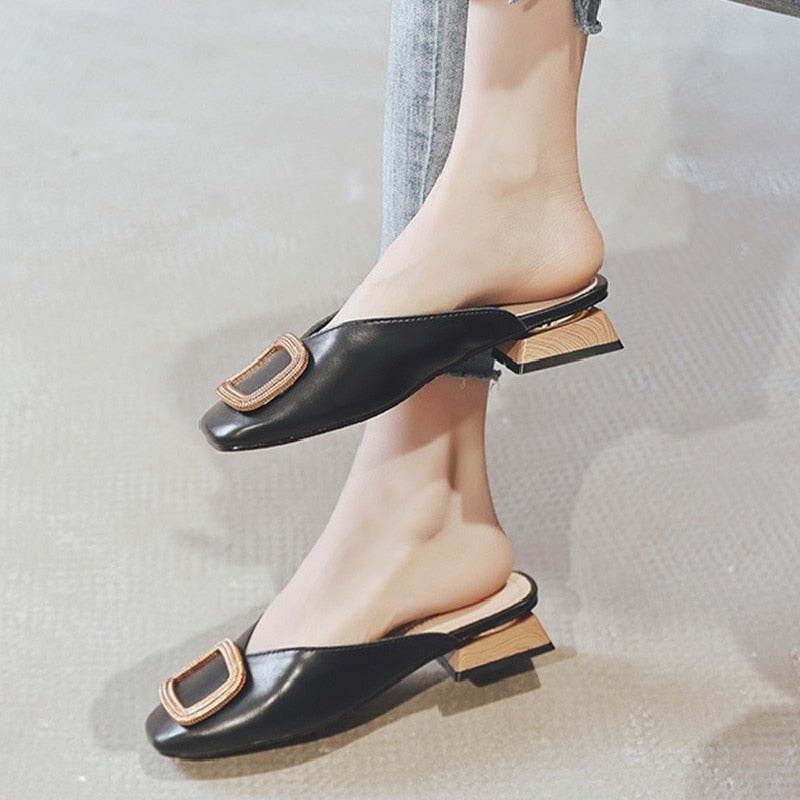 Women Summer Slip On PU Slippers Ladies Square Toe Cone Heels Slipper Woman Fashion Metal Decoration Casual Female Party Sandal