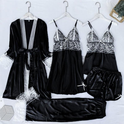 Satin Lace 5PCS Sleep Set Sexy Kimono Bathrobe Gown Female Robe Silky Nightwear Intimate Lingerie Casual Nightgown Sleepwear