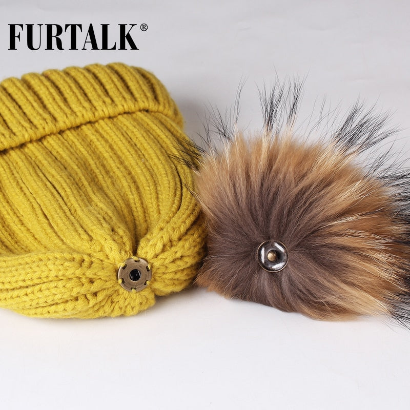 Furtalk Real Fur pompom Beanie Hat Women Winter Knitted Hat Warm Real Big Raccoon Pom Pom Hat for Female