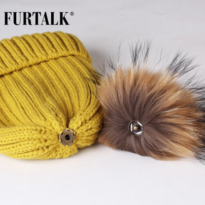 Furtalk Real Fur pompom Beanie Hat Women Winter Knitted Hat Warm Real Big Raccoon Pom Pom Hat for Female