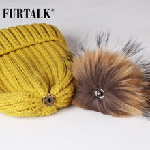 Charger l&#39;image dans la galerie, Furtalk Real Fur pompom Beanie Hat Women Winter Knitted Hat Warm Real Big Raccoon Pom Pom Hat for Female
