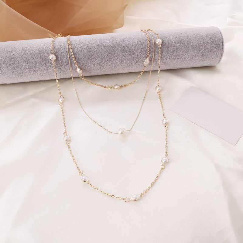 Exquisite Women Necklaces Pearl Clavicle Chain Multilayer Gold Necklace Set Glamour Fashion Wedding Party Jewelry