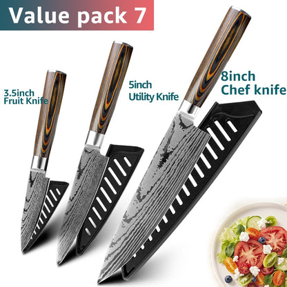 Kitchen knife Japanese Chef Knives 7CR17 440C Stainless Steel Imitation Damascus Knife Meat Cleaver Slicer Santoku Cutter Set