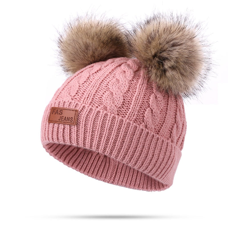 Two pieces Hat Scarf Set Beanie Cap Children's Hats Girls Caps Fake Ball Pompon Keep Warm Winter Knitted Skullies Kids Bone