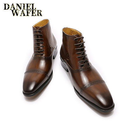 FASHION MENS ANKLE BOOTS FORMAL MEN DRESS GENUINE LEATHER SHOES WESTERN BOOTS BLACK BROWN CAP TOE LACE UP CASUAL BASIC BOOTS MEN