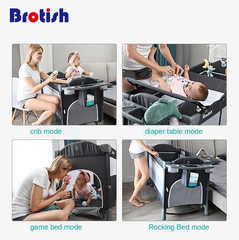 Multifunctional Baby Crib Foldable Baby Bed With Diaper Table Cradle Rocker Kid Game Bed Portable Baby Crib For 0-6 Years Kids