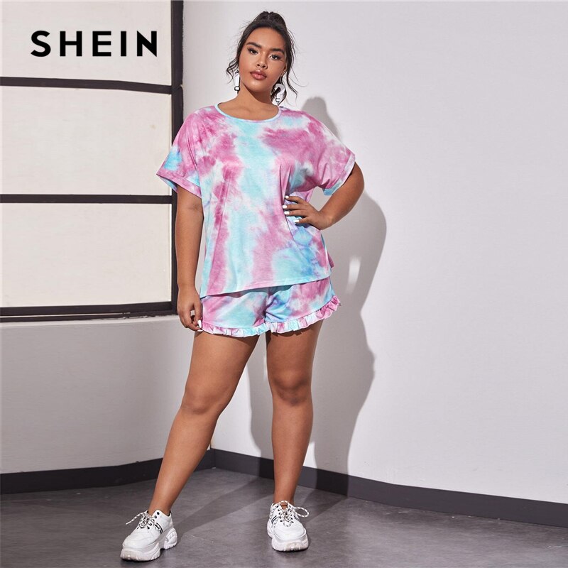SHEIN Plus Size Tie Dye Round Neck Tee and Frill Trim Shorts Pajama Sets Women Summer Sleepwear Loungewear Casual Plus PJ Set