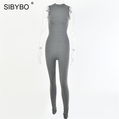 Sibybo Sleeveless Skinny Summer Rompers Womens Jumpsuit O-Neck Invisible Zipper Sexy Jumpsuit Women Solid Sport Casual Overalls