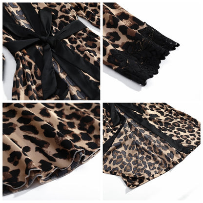 JULY'S SONG New Fashion 4 Piece Pajamas Set Leopard Print Woman Sleepwear Artificial Silk Sling Robe With Chest Pad Sleepwear
