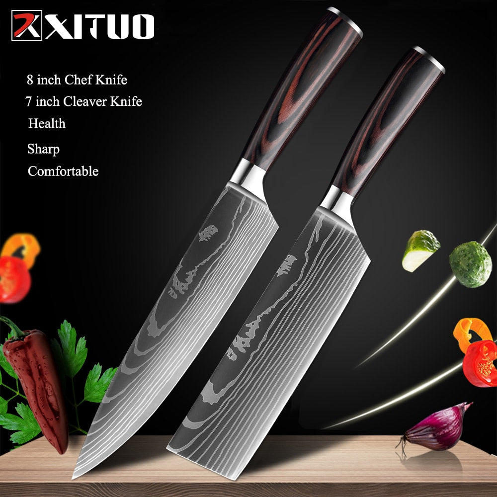 XITUO 8"inch japanese kitchen knives Laser Damascus pattern chef knife Sharp Santoku Cleaver Slicing Utility Knives tool EDC New
