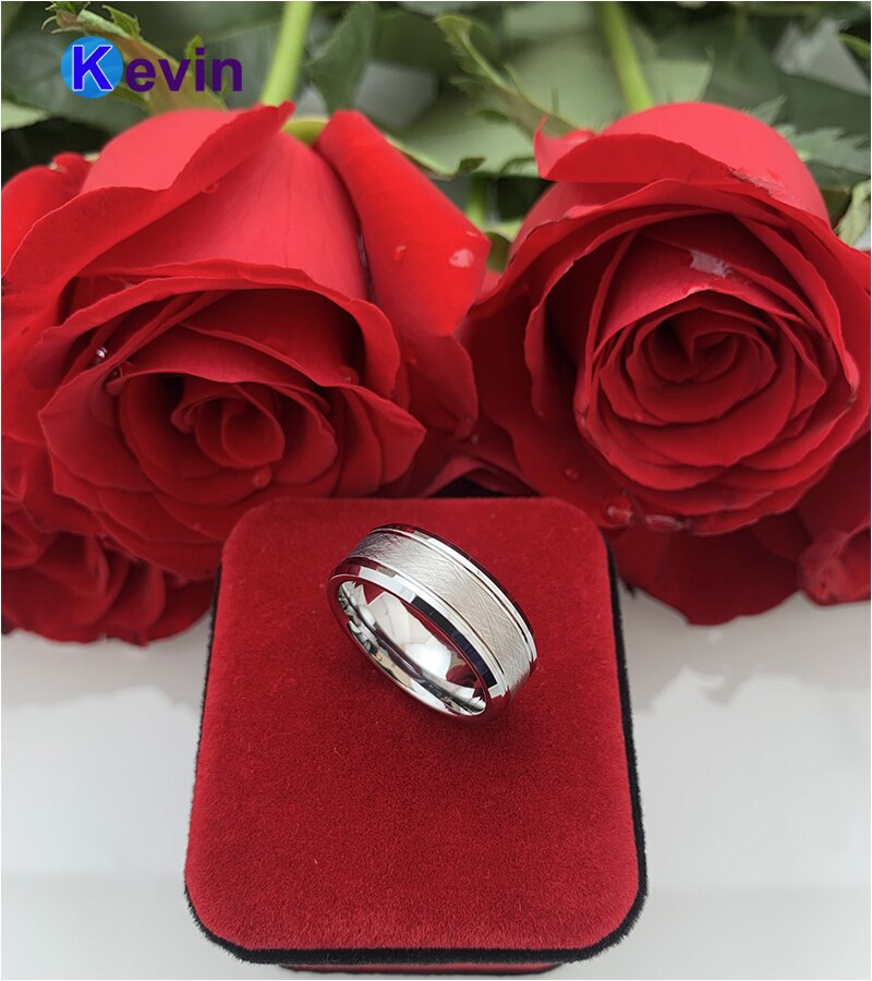 Men Women Tungsten Wedding Band Ring With Bevel Brush Groove Finish 8MM Comfort Fit