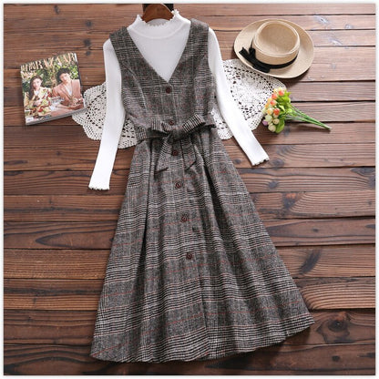 British Style Women's Winter Wool Sundress V Neck Vintage Plaid Sashes Long Sleeveless Shirt Dress Elegant Mori Girl Wool Dress