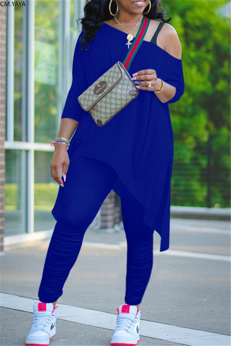 CM.YAYA Women Off Shoulder Irregular Long Sleeve Tops Stacked Pants Suit Active Wear Tracksuit Two Piece Set Fitness Outfits