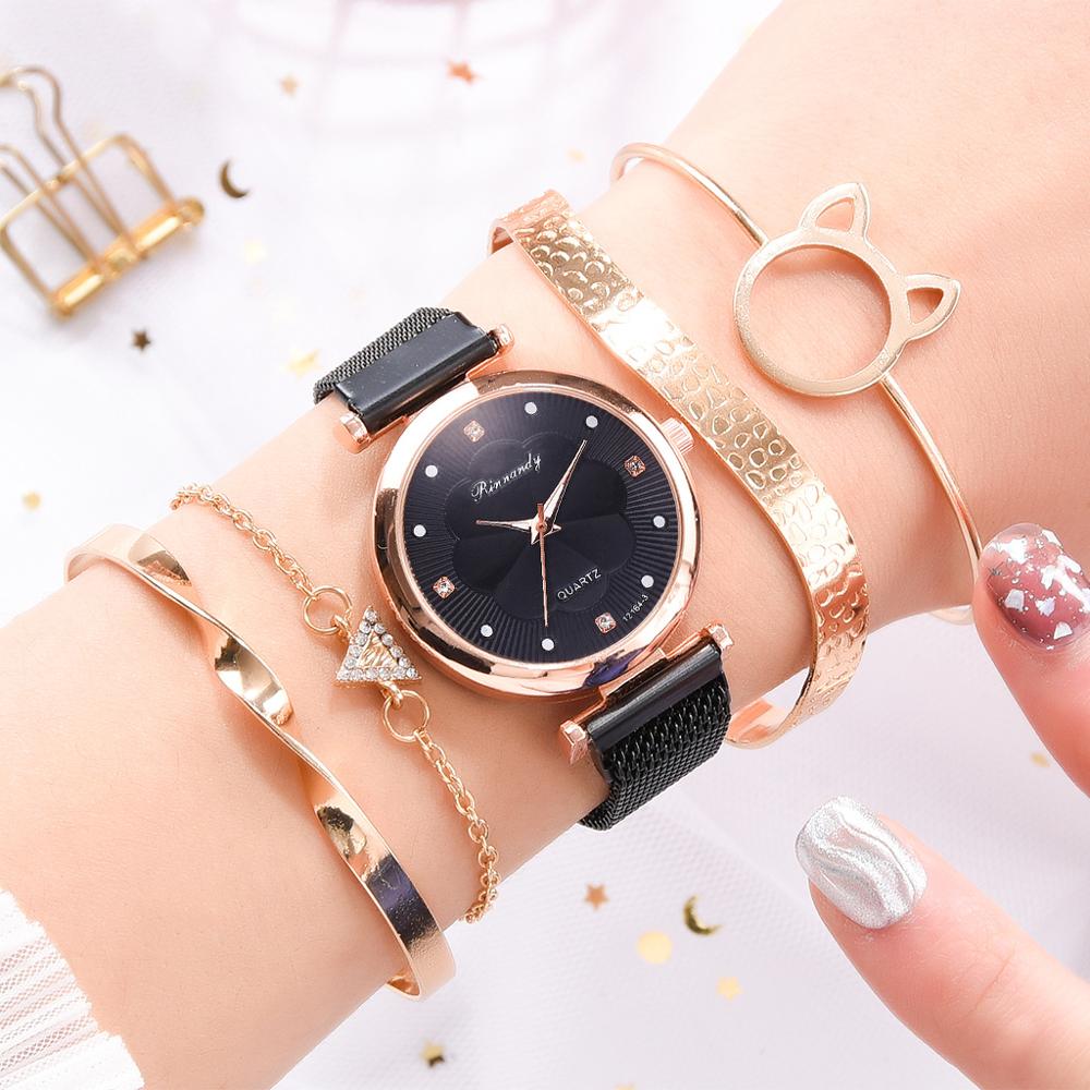 Elegant Lady Watches Bralcet Gift Wristwatch for Women 5 PCS Set Casual Fashion Rose Gold Female Wristwatch Gift