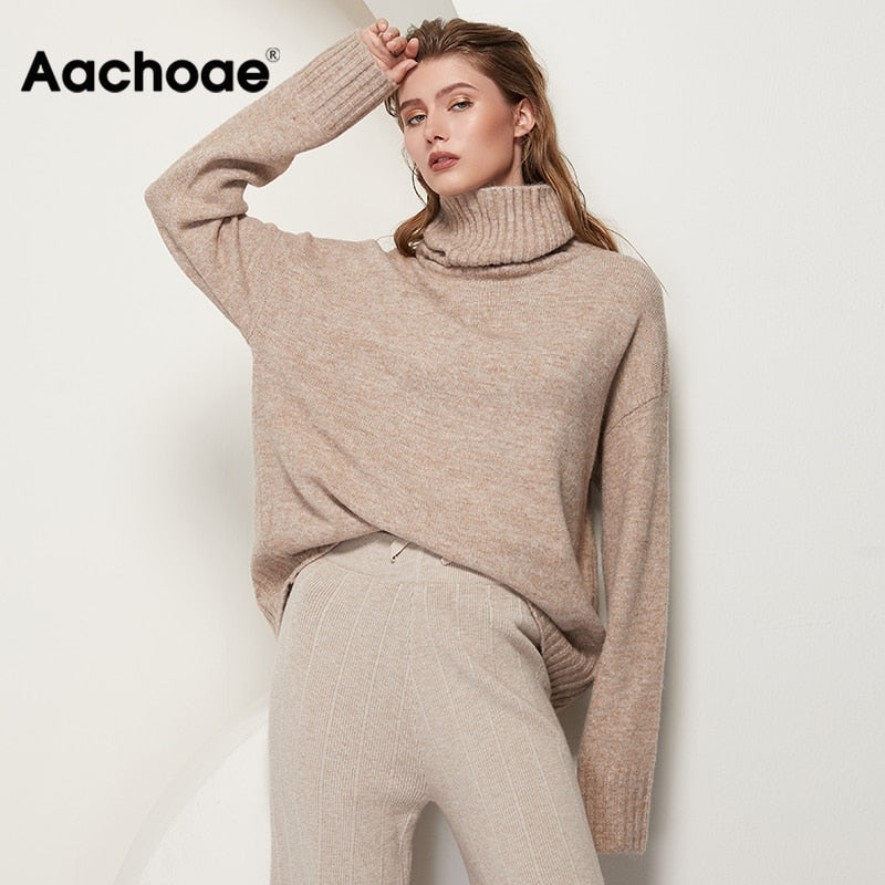 Aachoae Autumn Winter Women Knitted Turtleneck Cashmere Sweater 2020 Casual Basic Pullover Jumper Batwing Long Sleeve Loose Tops