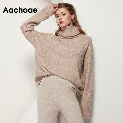 Aachoae Autumn Winter Women Knitted Turtleneck Cashmere Sweater 2020 Casual Basic Pullover Jumper Batwing Long Sleeve Loose Tops