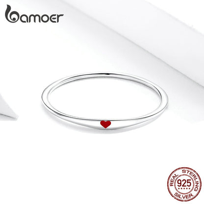 Bamoer Sterling Silver 925 Tiny Red Enamel Heart Finger Rings for Women Circle Slim Fashion Jewelry Bijoux 2019 New SCR620