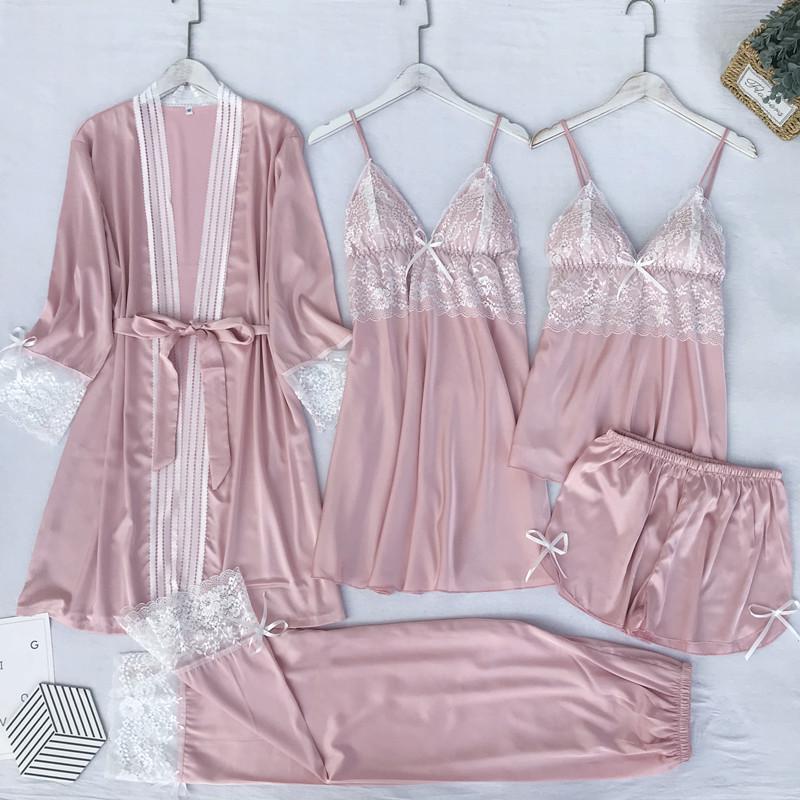 Satin Lace 5PCS Sleep Set Sexy Kimono Bathrobe Gown Female Robe Silky Nightwear Intimate Lingerie Casual Nightgown Sleepwear