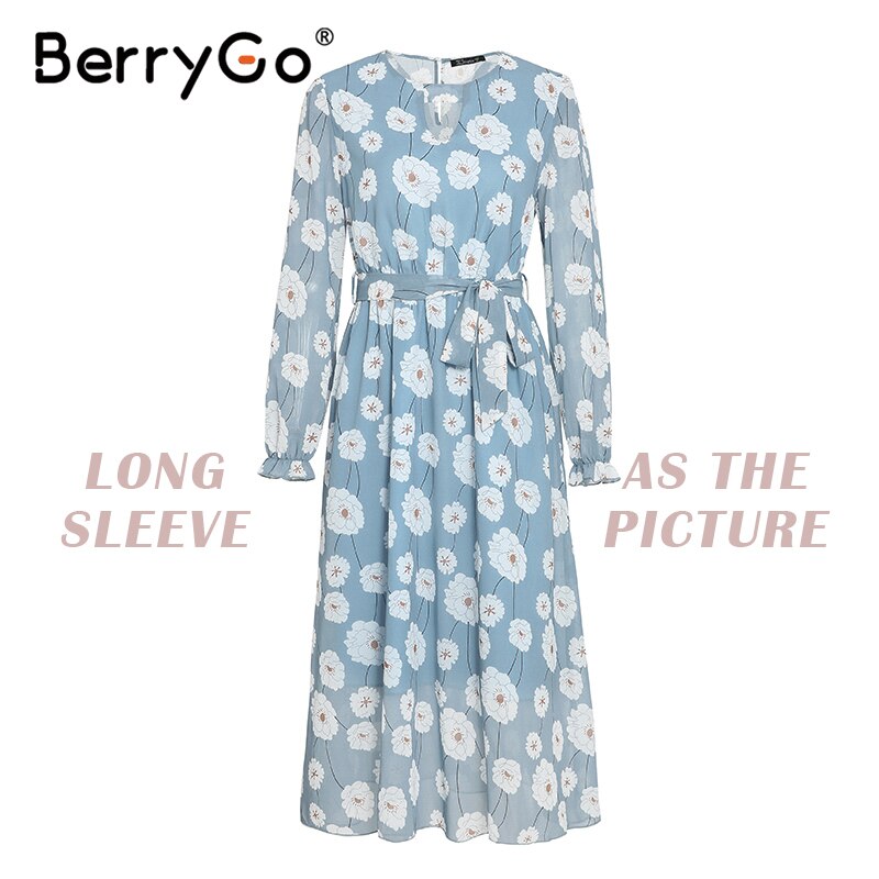 BerryGo Vintage floral print boho dress women Casual long sleeve spring party dress High waist work wear office ladies dress