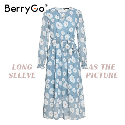 BerryGo Vintage floral print boho dress women Casual long sleeve spring party dress High waist work wear office ladies dress
