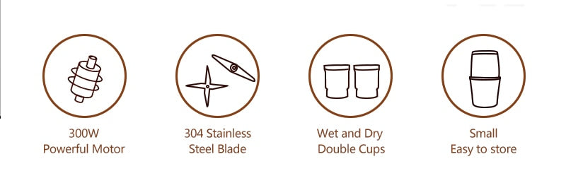 BioloMix 2-in-1 Wet and Dry Double Cups 300W Electric Spices and Coffee Bean Grinder Stainless Steel Body and Miller Blades