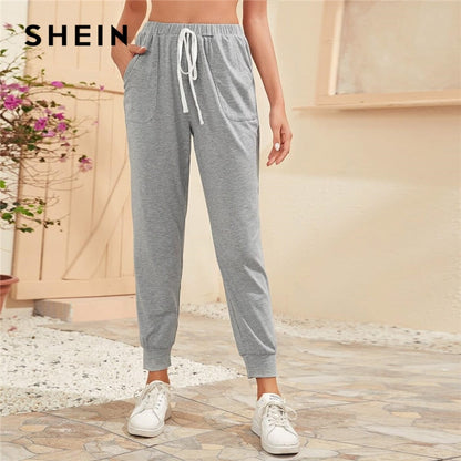 SHEIN Light Grey Knot Waist Slant Pocket Pants Women Summer Elastic Waist Ladies Casual Sporting Cropped Trousers Sweatpants