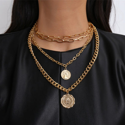 Women's Punk Multi Layer Curb Cuban Chunky Thick Portrait Choker Necklace Women Vintage Carved Coin Pendant Necklace Jewelry