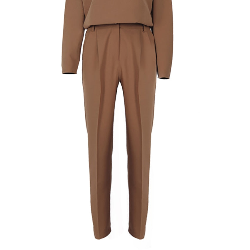 Mnealways18 Vintage Zipper Khaki Trousers Women High Waist Office Pants Ladies Brown Trousers Work Wear Autumn Long Pants 2020