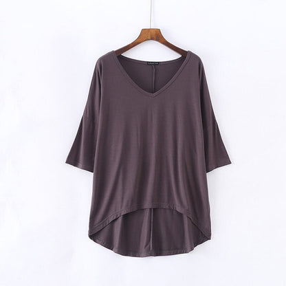Women's Bat Sleeve T-shirt Korean Japan Style V-neck Solid Color Middle Sleeve Top Casual Summer Tee Large Size