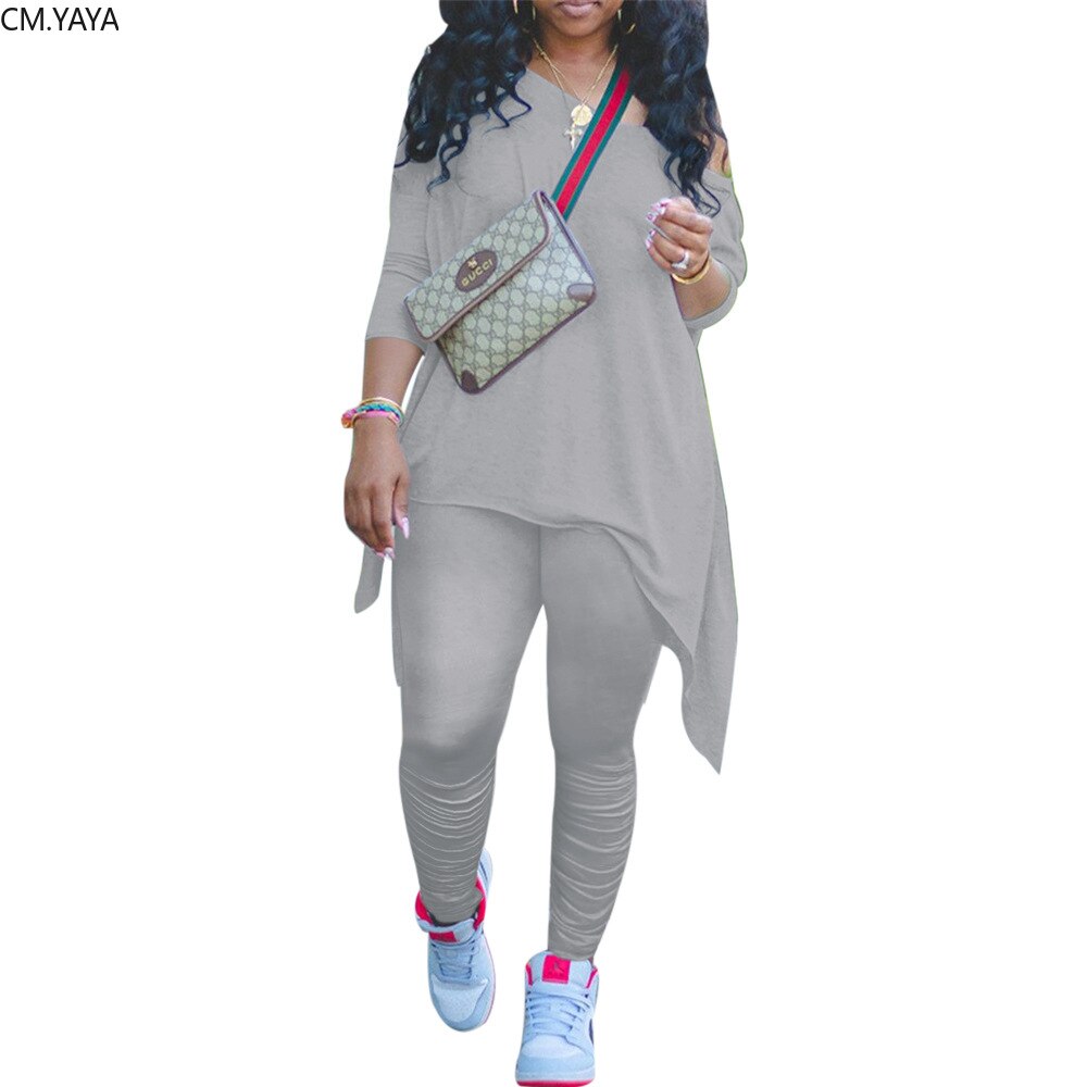 CM.YAYA Women Off Shoulder Irregular Long Sleeve Tops Stacked Pants Suit Active Wear Tracksuit Two Piece Set Fitness Outfits