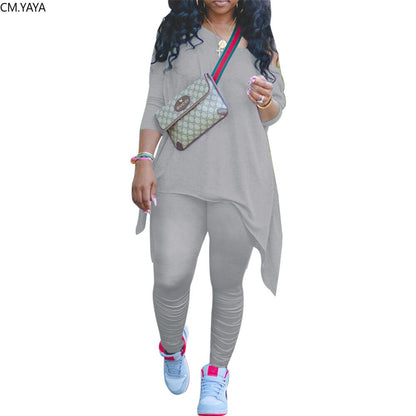CM.YAYA Women Off Shoulder Irregular Long Sleeve Tops Stacked Pants Suit Active Wear Tracksuit Two Piece Set Fitness Outfits